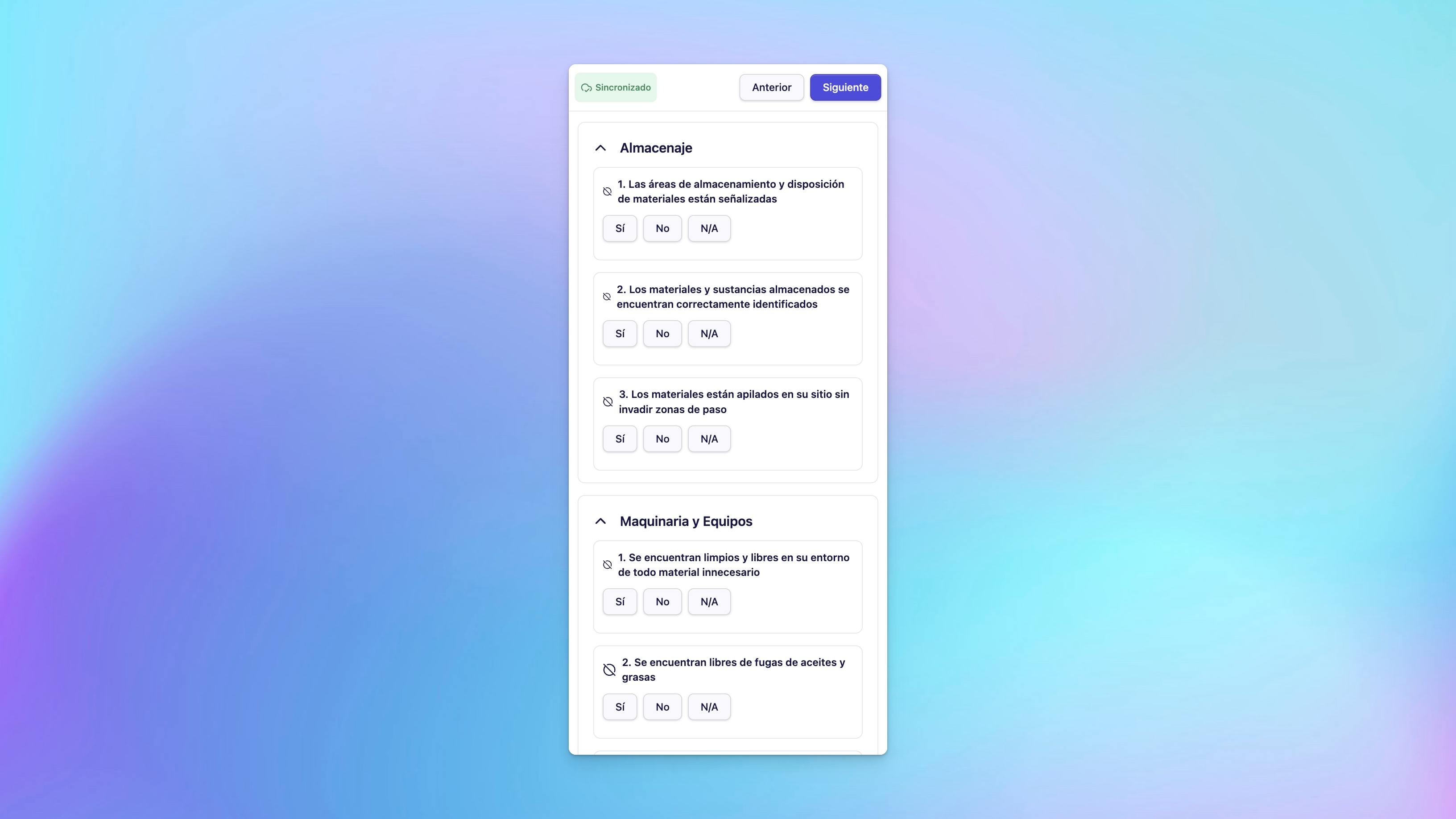 Inspection form showing header, sections, and progress indicator